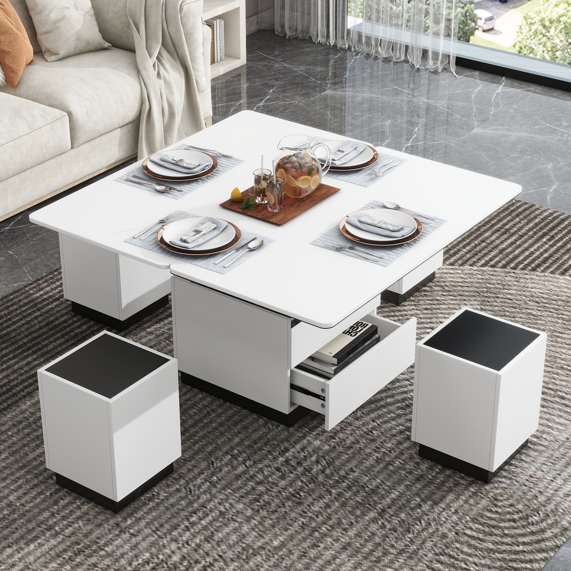 Modern White Lift Top Glass Coffee Table with Drawers & Storage Multifunction Table Modern White Lift Top Glass Coffee Table with Drawers & Storage Multifunction Table